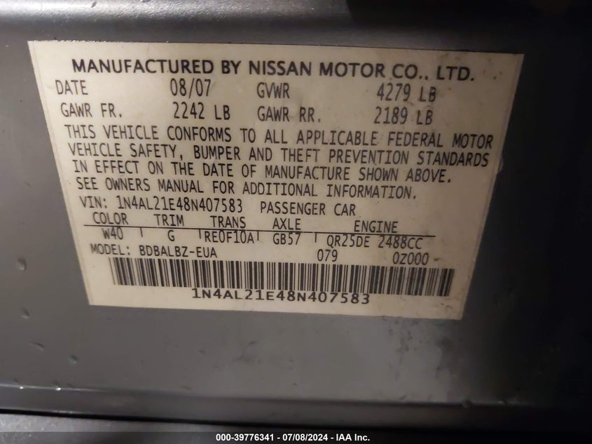 2008 Nissan Altima 2.5 S VIN: 1N4AL21E48N407583 Lot: 39776341