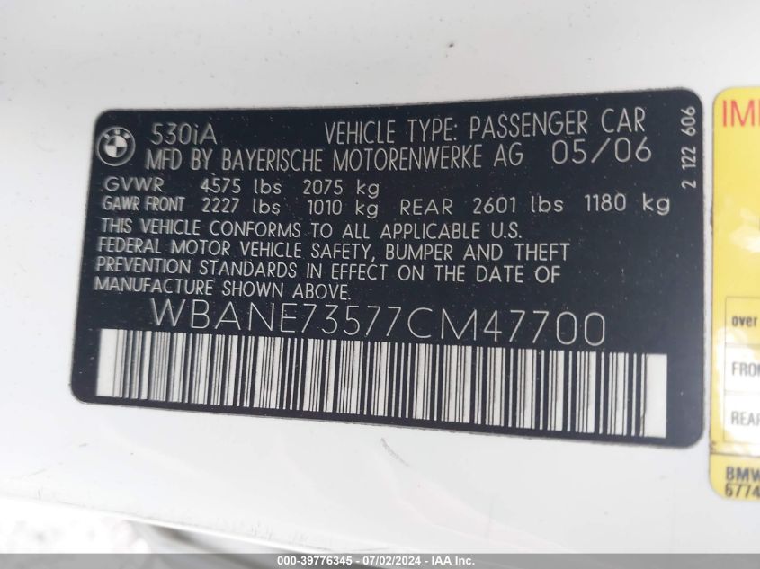 2007 BMW 530I VIN: WBANE73577CM47700 Lot: 39776345
