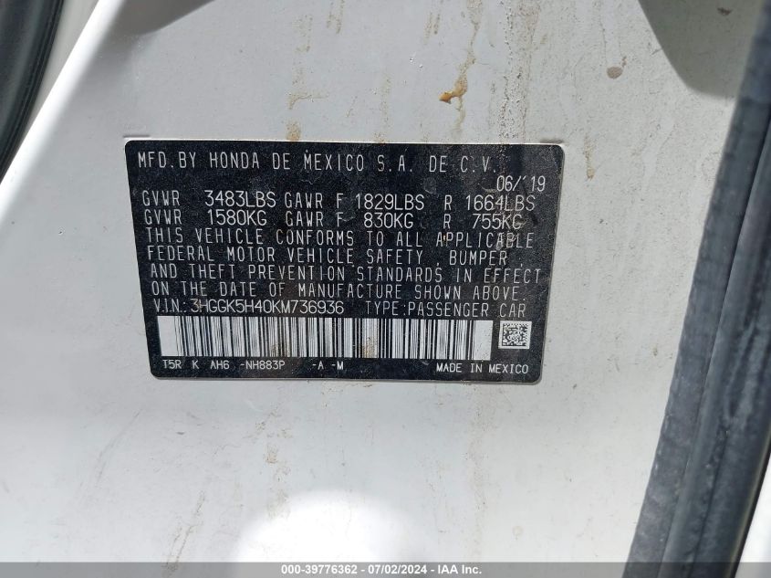 2019 Honda Fit Lx VIN: 3HGGK5H40KM736936 Lot: 39776362