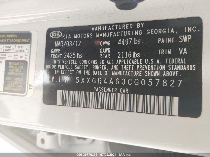2012 Kia Optima Sx VIN: 5XXGR4A63CG057827 Lot: 39776379
