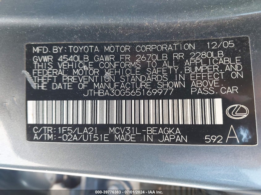 2006 Lexus Es 330 VIN: JTHBA30G565169977 Lot: 39776383