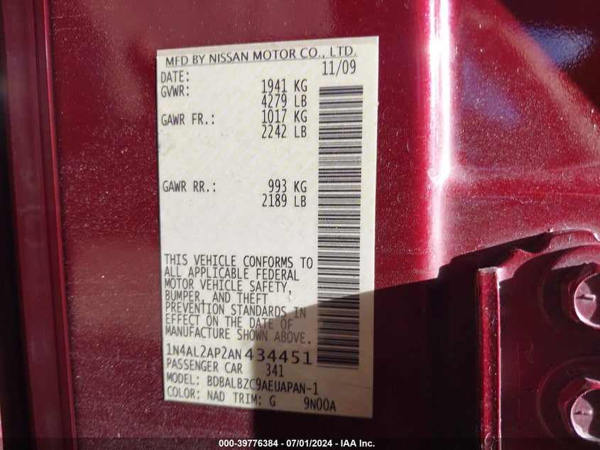 2010 Nissan Altima 2.5 S VIN: 1N4AL2AP2AN434451 Lot: 39776384