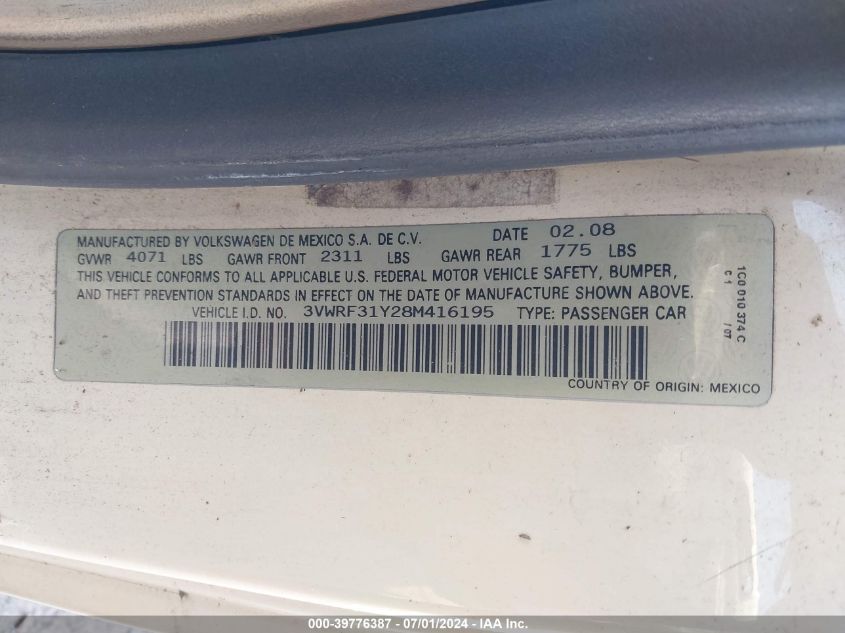 2008 Volkswagen New Beetle Se VIN: 3VWRF31Y28M416195 Lot: 39776387