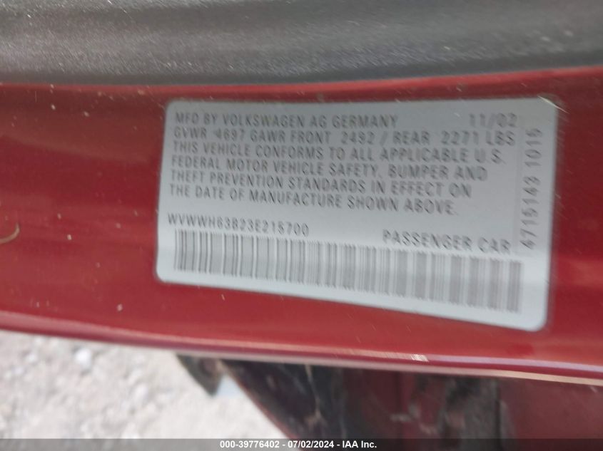 2003 Volkswagen Passat Glx VIN: WVWWH63B23E215700 Lot: 39776402