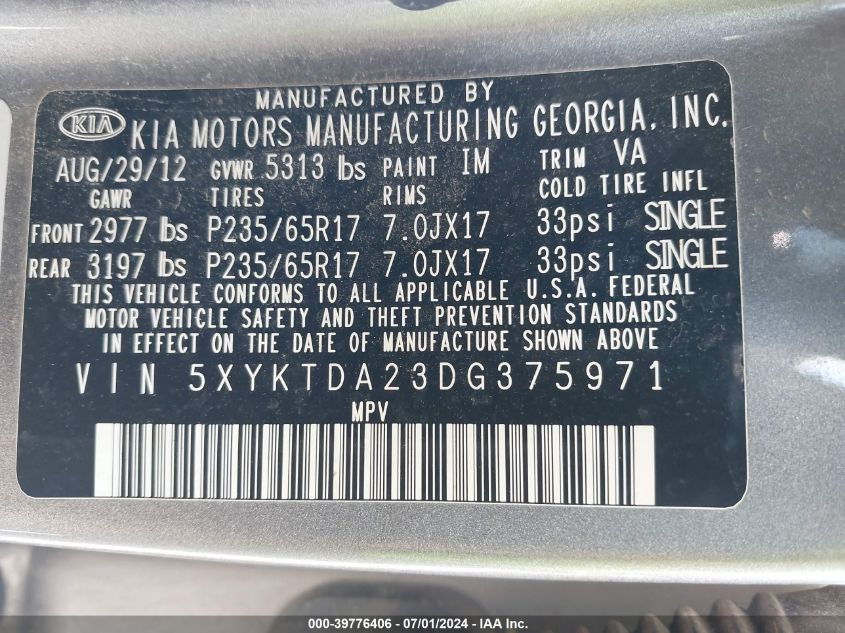 2013 Kia Sorento Lx V6 VIN: 5XYKTDA23DG375971 Lot: 39776406