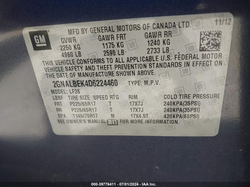 2013 Chevrolet Equinox Ls VIN: 2GNALBEK4D6224460 Lot: 39776411