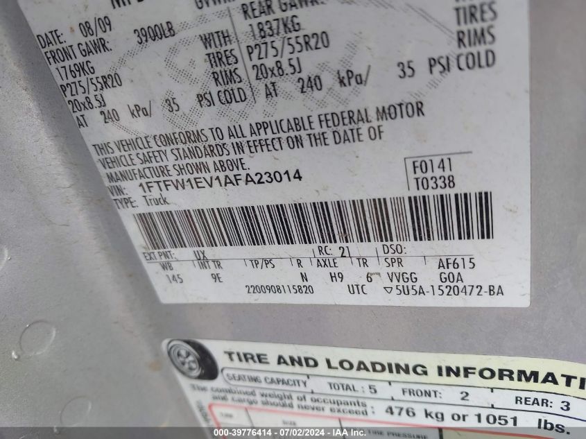 2010 Ford F-150 Fx4/Harley-Davidson/King Ranch/Lariat/Platinum/Xl/Xlt VIN: 1FTFW1EV1AFA23014 Lot: 39776414