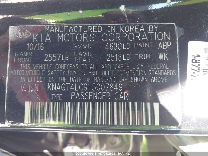 2017 Kia Optima Hybrid VIN: KNAGT4LC9H5007849 Lot: 39776415