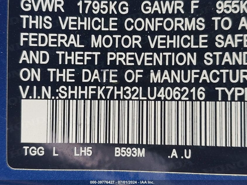 2020 Honda Civic Lx VIN: SHHFK7H32LU406216 Lot: 39776427