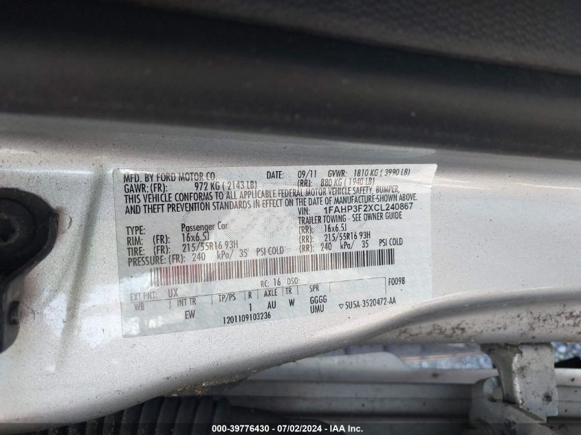 2012 Ford Focus Se VIN: 1FAHP3F2XCL240867 Lot: 39776430