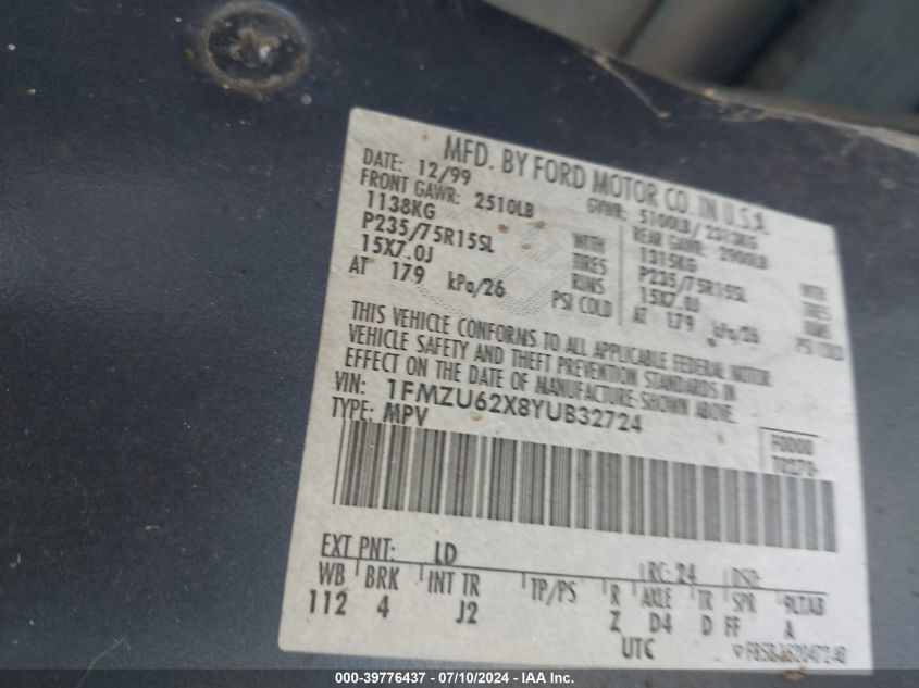 2000 Ford Explorer Xls VIN: 1FMZU62X8YUB32724 Lot: 39776437