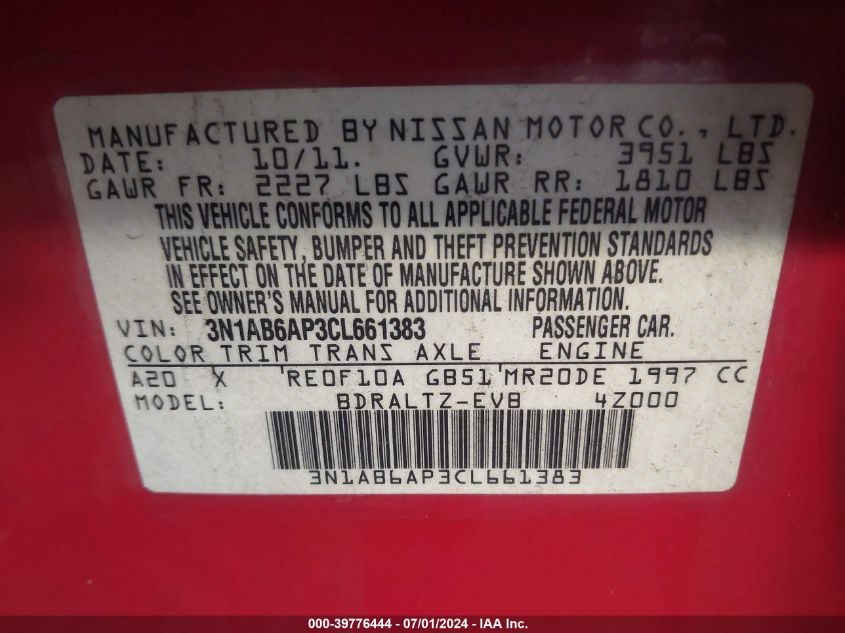3N1AB6AP3CL661383 2012 Nissan Sentra 2.0 Sr