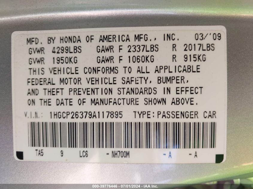 2009 Honda Accord 2.4 Lx VIN: 1HGCP26379A117895 Lot: 39776446
