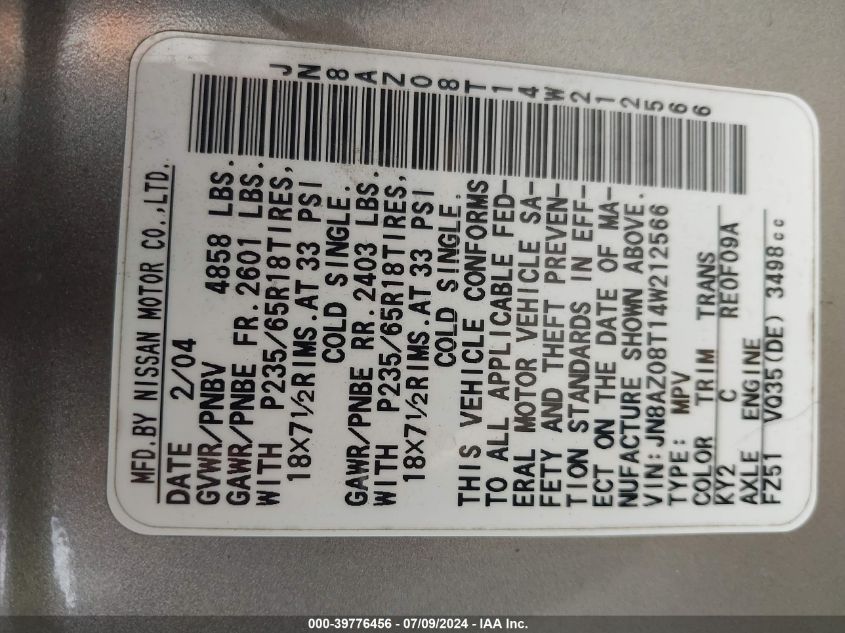 2004 Nissan Murano Sl/Se VIN: JN8AZ08T14W212566 Lot: 39776456