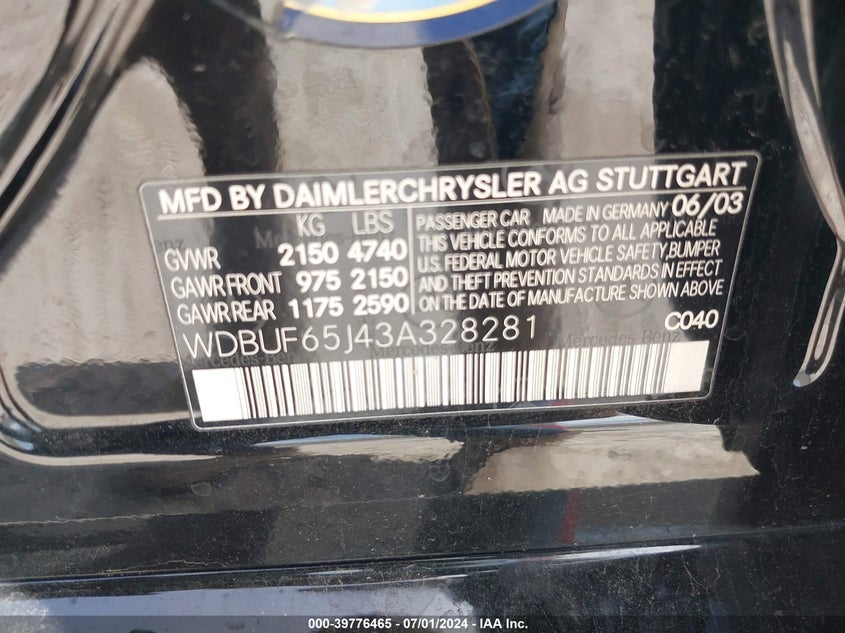 2003 Mercedes-Benz E 320 VIN: WDBUF65J43A328281 Lot: 39776465