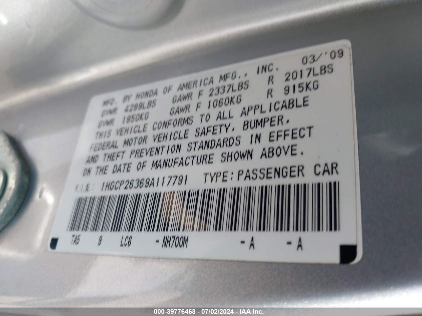 2009 Honda Accord 2.4 Lx VIN: 1HGCP26369A117791 Lot: 39776468