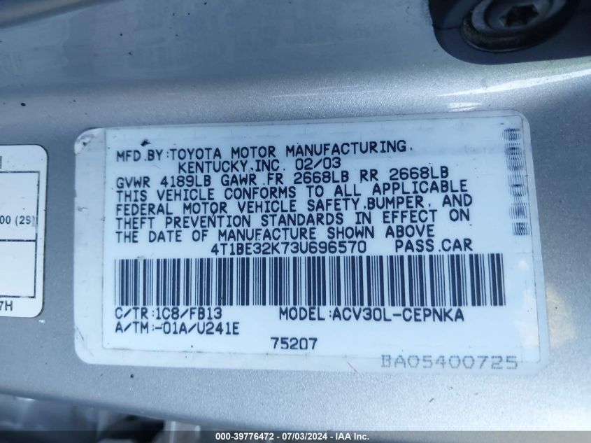 2003 Toyota Camry Le/Xle/Se VIN: 4T1BE32K73U696570 Lot: 39776472