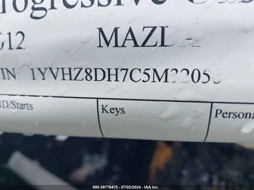 2012 Mazda 6 I VIN: 1YVHZ8DH7C5M32058 Lot: 39776478