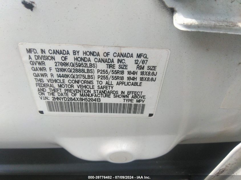 2008 Acura Mdx Technology Package VIN: 2HNYD284X8H520413 Lot: 39776482