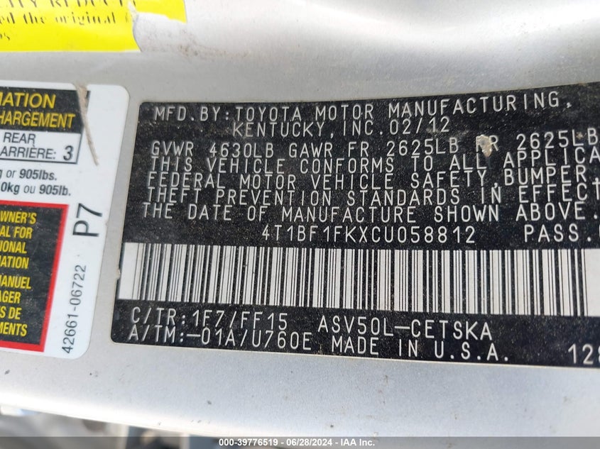 2012 Toyota Camry Se VIN: 4T1BF1FKXCU058812 Lot: 39776519