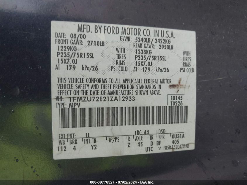 2001 Ford Explorer Xls VIN: 1FMZU72E21ZA12933 Lot: 39776527