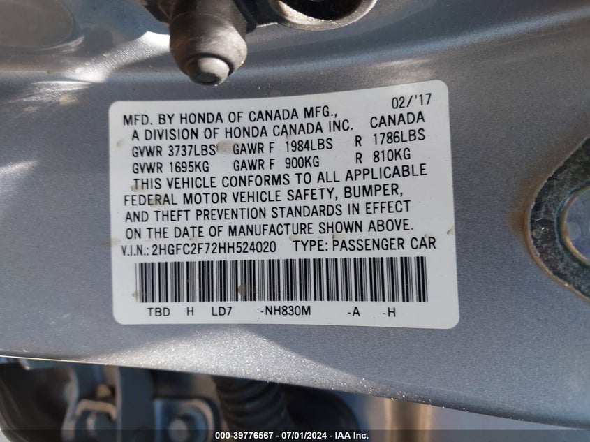 VIN 2HGFC2F72HH524020 2017 HONDA CIVIC EX