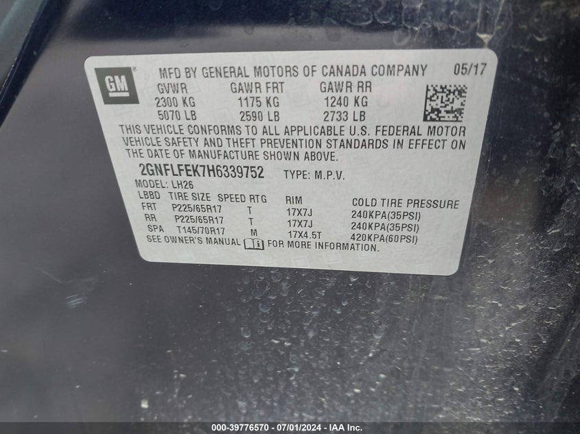 VIN 2GNFLFEK7H6339752 2017 CHEVROLET EQUINOX LT