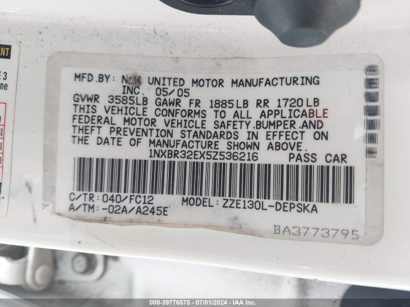 2005 Toyota Corolla S VIN: 1NXBR32EX5Z536216 Lot: 39776575