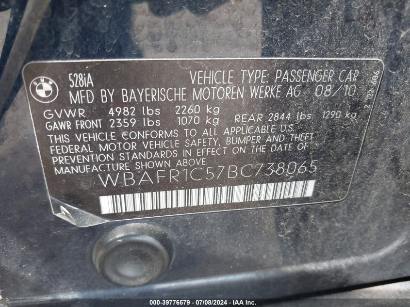 2011 BMW 528I VIN: WBAFR1C57BC738065 Lot: 39776579