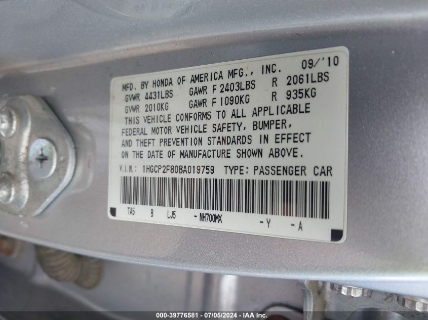 2011 Honda Accord 2.4 Ex-L VIN: 1HGCP2F80BA019759 Lot: 39776581