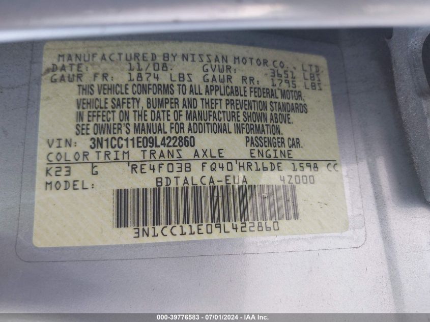 2009 Nissan Versa 1.6 VIN: 3N1CC11E09L422860 Lot: 39776583