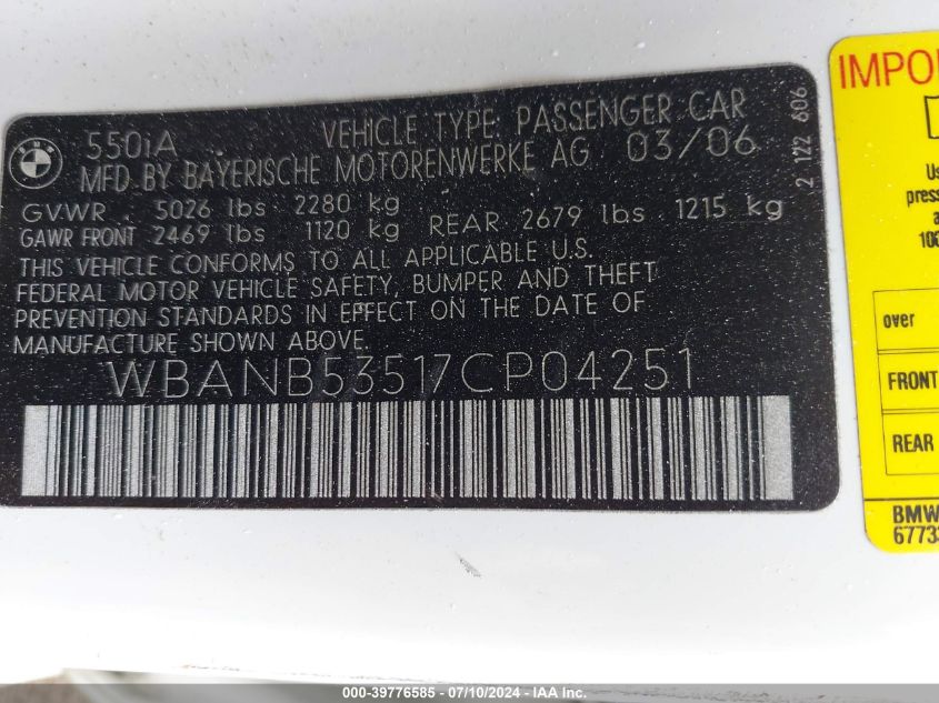 2007 BMW 550I VIN: WBANB53517CP04251 Lot: 39776585