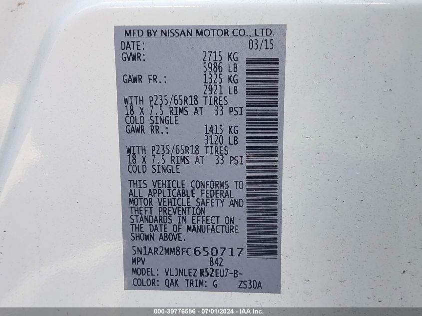 2015 Nissan Pathfinder Sv VIN: 5N1AR2MM8FC650717 Lot: 39776586