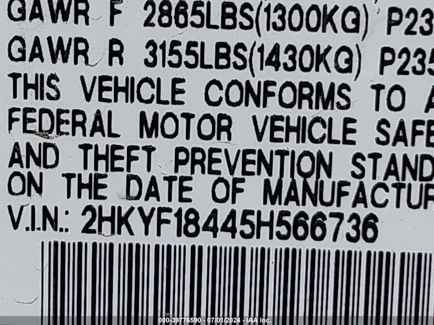 2005 Honda Pilot Ex VIN: 2HKYF18445H566736 Lot: 39776590