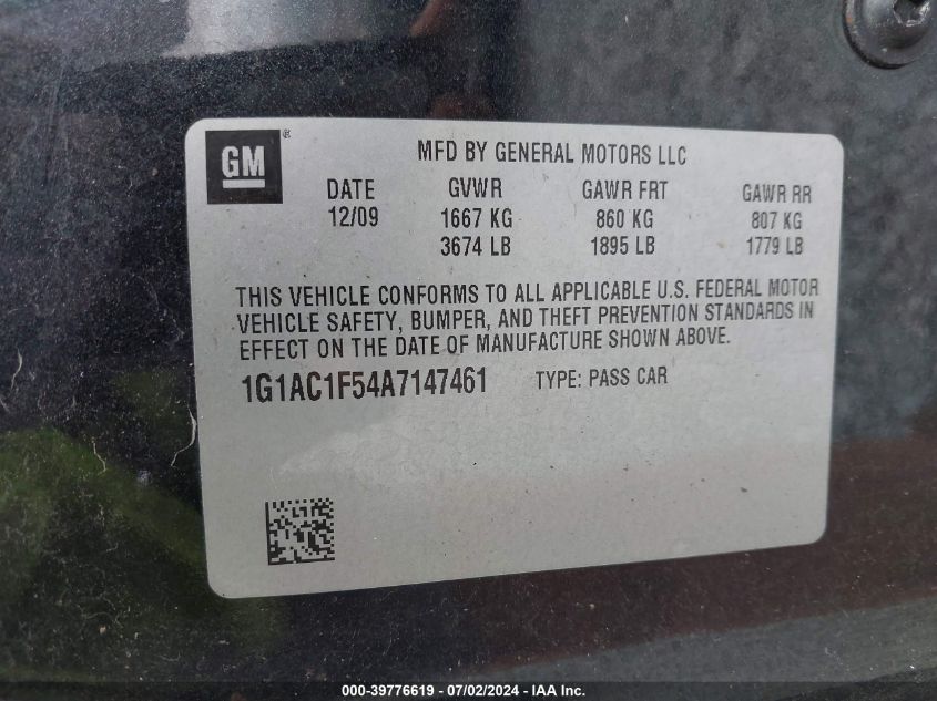 2010 Chevrolet Cobalt Lt VIN: 1G1AC1F54A7147461 Lot: 39776619