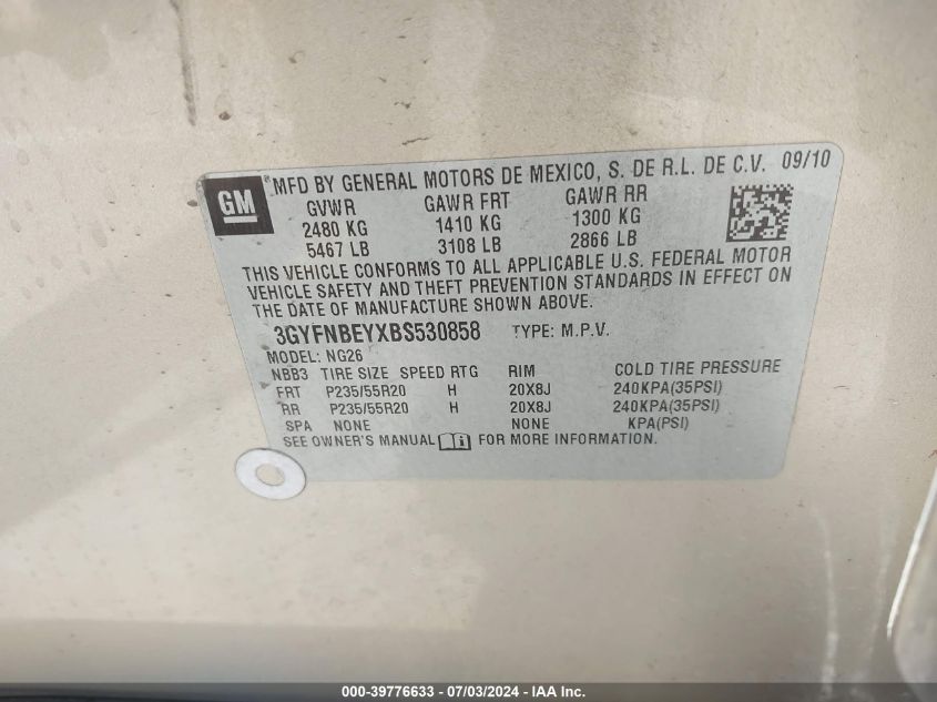 2011 Cadillac Srx Performance Collection VIN: 3GYFNBEYXBS530858 Lot: 39776633