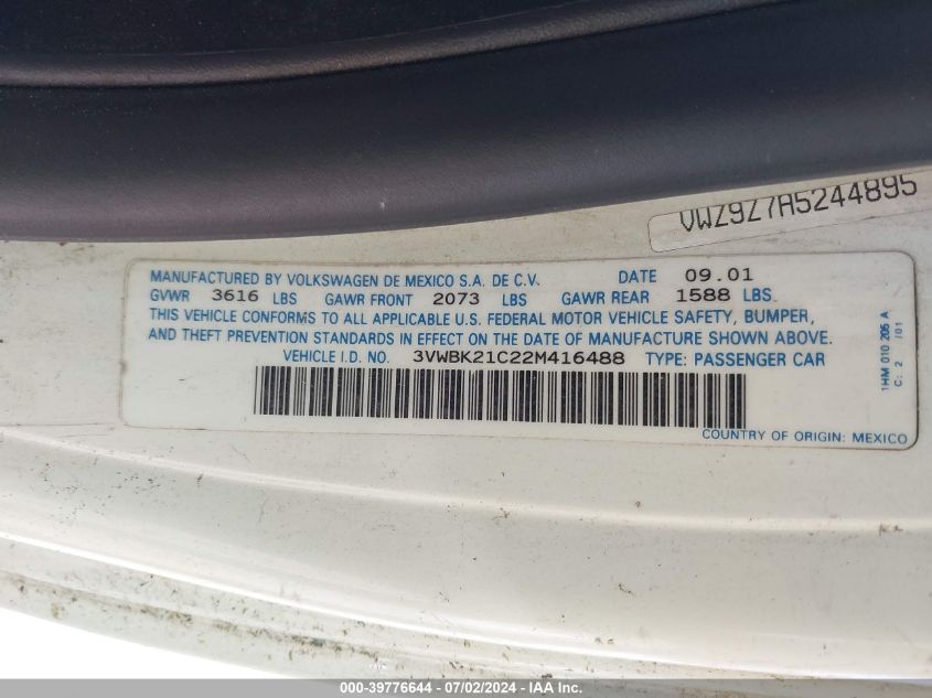 2002 Volkswagen New Beetle Gl VIN: 3VWBK21C22M416488 Lot: 39776644