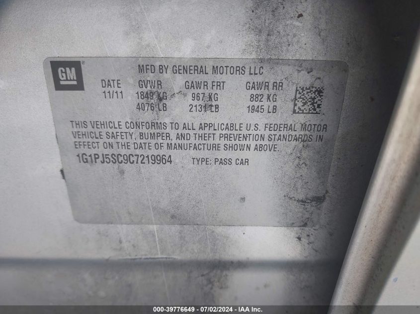 2012 Chevrolet Cruze Eco VIN: 1G1PJ5SC9C7219964 Lot: 39776649
