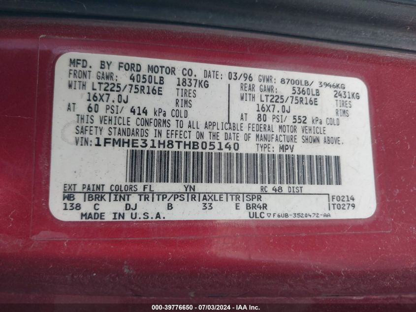 1996 Ford Econoline E350 VIN: 1FMHE31H8THB05140 Lot: 39776650