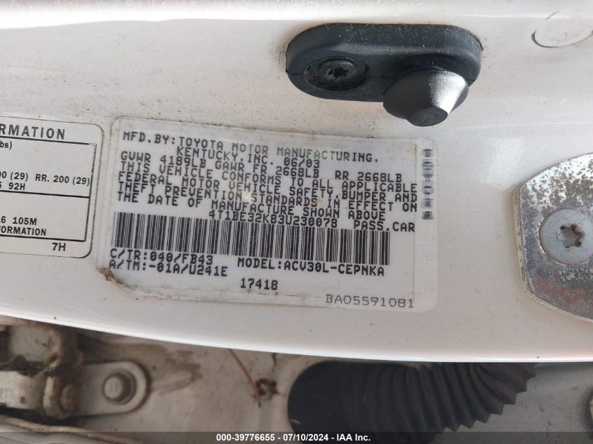 2003 Toyota Camry Le/Xle/Se VIN: 4T1BE32K83U230078 Lot: 39776655