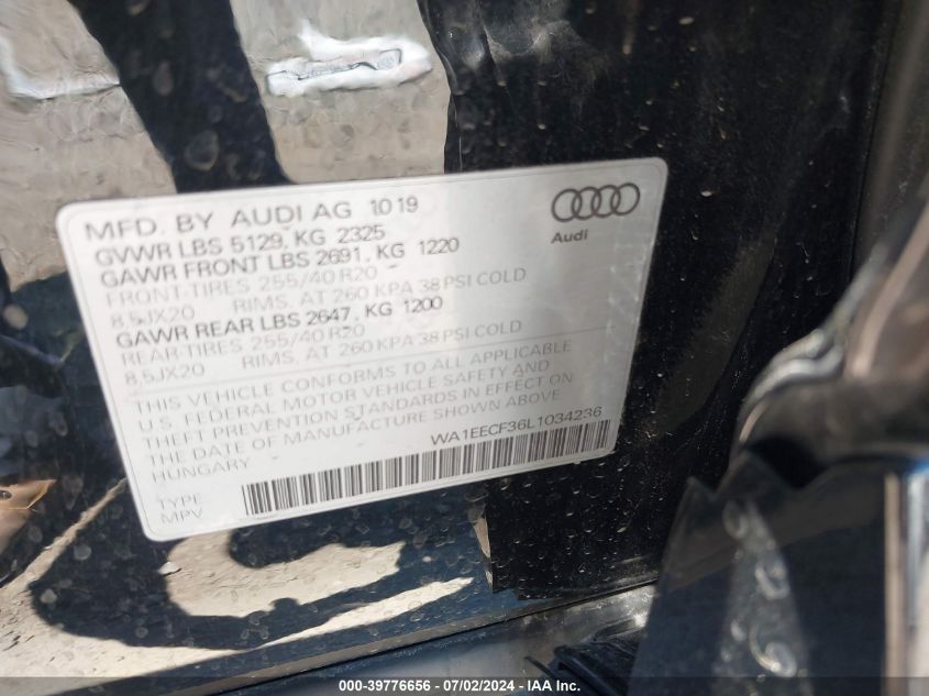 2020 Audi Q3 Premium Plus 45 Tfsi S Line Quattro Tiptronic VIN: WA1EECF36L1034236 Lot: 39776656