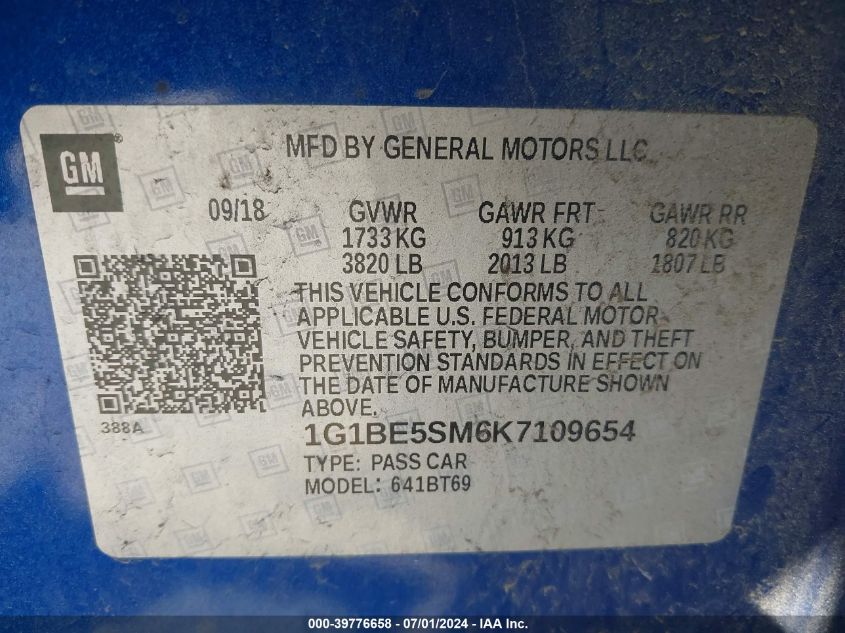 2019 Chevrolet Cruze Lt VIN: 1G1BE5SM6K7109654 Lot: 39776658