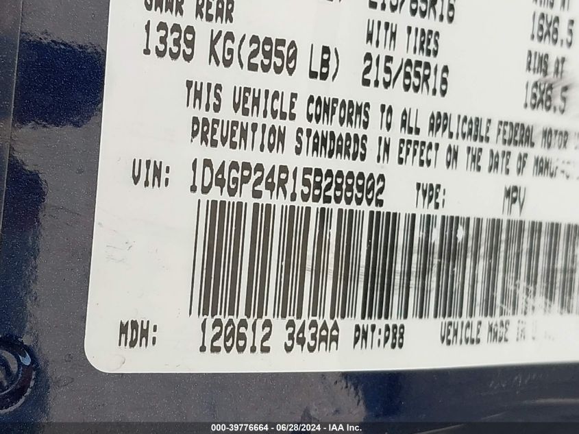 2005 Dodge Grand Caravan Se VIN: 1D4GP24R15B288902 Lot: 39776664