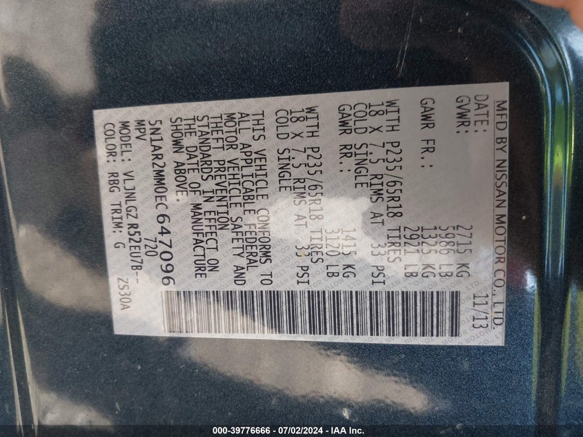 2014 Nissan Pathfinder Sl VIN: 5N1AR2MM0EC647096 Lot: 39776666