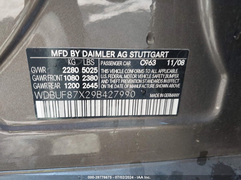 2009 Mercedes-Benz E 350 4Matic VIN: WDBUF87X29B427990 Lot: 39776675