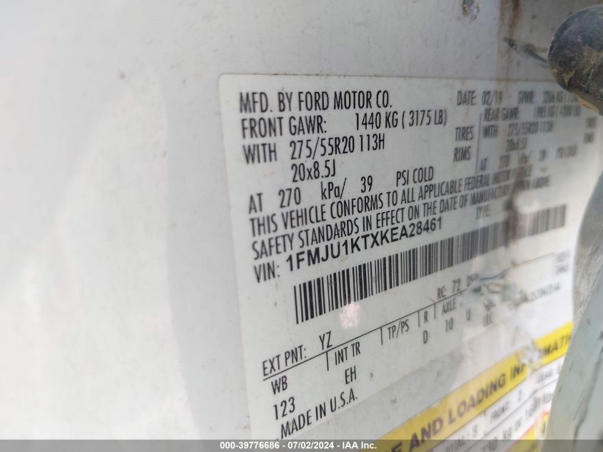 2019 Ford Expedition Limited VIN: 1FMJU1KTXKEA28461 Lot: 39776686