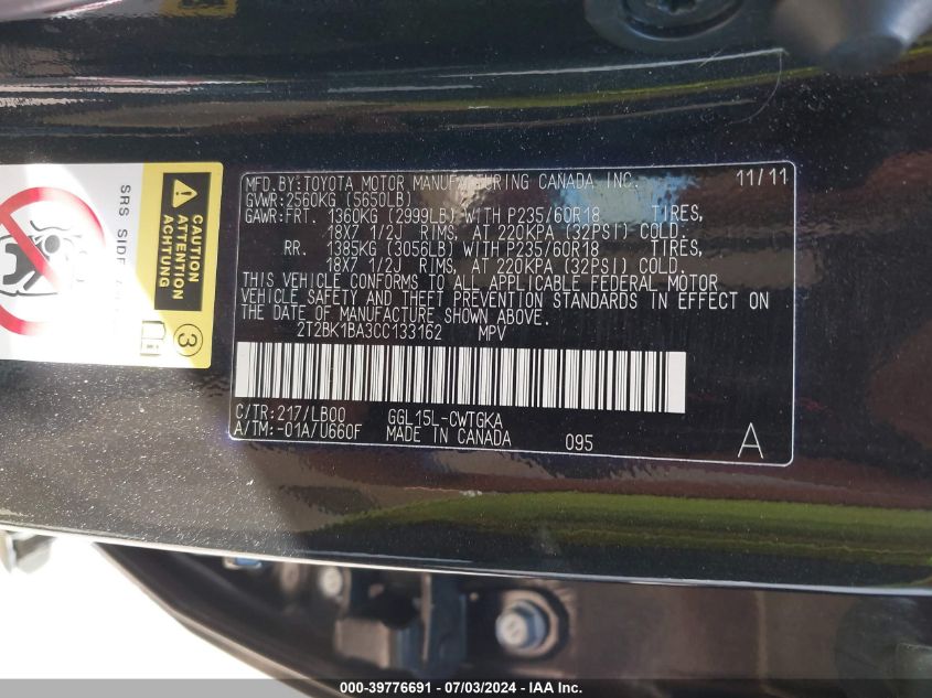 2012 Lexus Rx 350 VIN: 2T2BK1BA3CC133162 Lot: 39776691