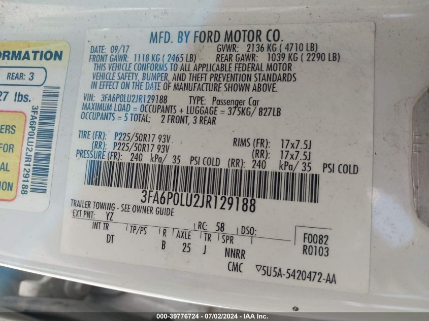 2018 Ford Fusion Hybrid Se VIN: 3FA6P0LU2JR129188 Lot: 39776724