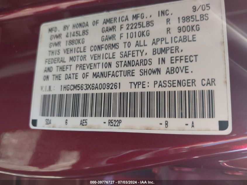 2006 Honda Accord Se VIN: 1HGCM563X6A009261 Lot: 39776727
