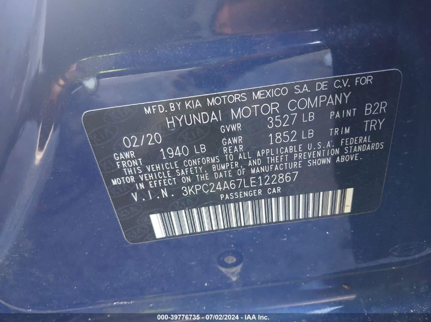 2020 Hyundai Accent Sel VIN: 3KPC24A67LE122867 Lot: 39776735